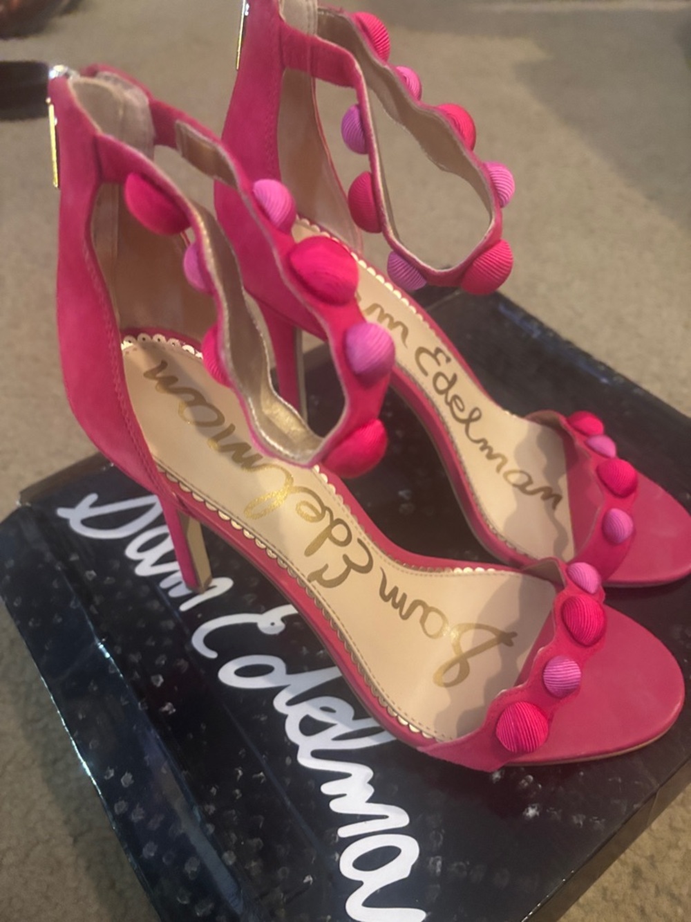 Sam Edelman Hot Pink Suede Scallop Pom-Pom Stiletto Heels